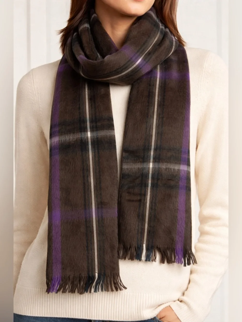 Shupaca Alpaca Scarf Brown Purple Plaid Fringe Handmade Ecuador Soft Winter Wrap